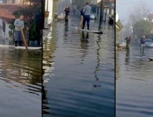 Muğla’yı vuran sağanak sonrası enteresan manzara: Göle dönen yolda kano ile ilerledi