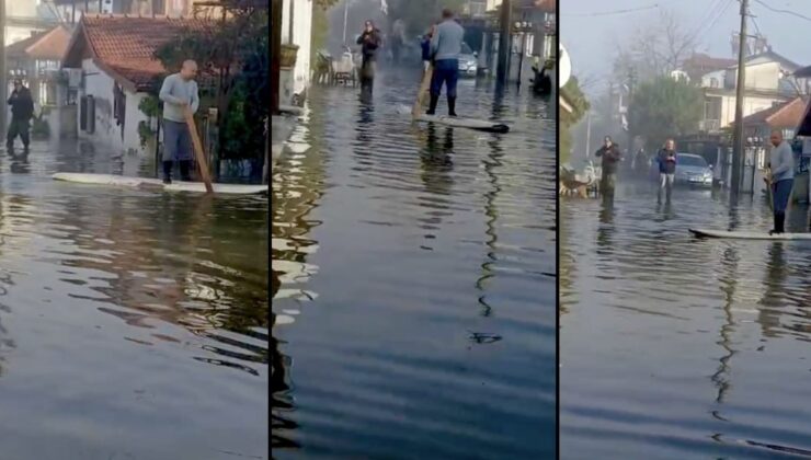 Muğla’yı vuran sağanak sonrası enteresan manzara: Göle dönen yolda kano ile ilerledi