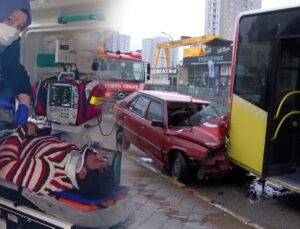 Ümraniye’de feci kaza: İETT otobüsüne arttan çarpan araba hurdaya döndü